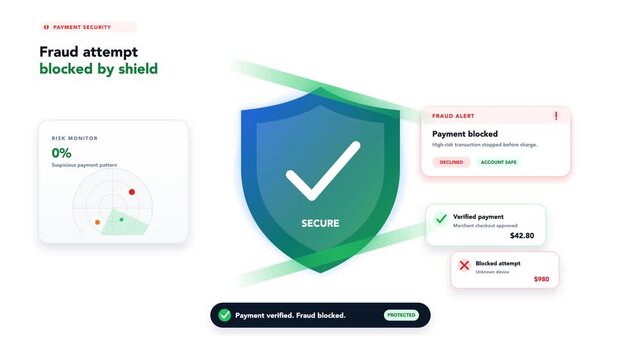 Secure checkout or
wallet icon inside a
shield, where a fraud
attempt is blocked and
the state changes to
verified payment.
