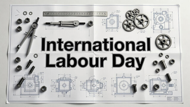 International Labour Day text on engineering blueprint with mechanical gears and technical tools