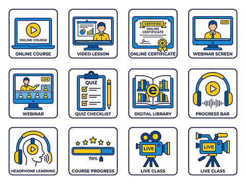 12 E-Learning Online Education Flat Design Icon Set Blue Yellow Laptop Video Certificate