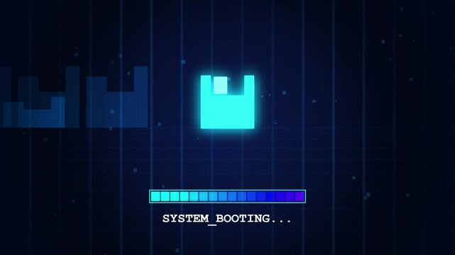 Digital system boot up sequence with glowing blue progress bar and pixelated interface