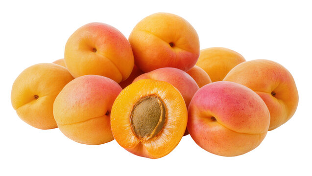 Ripe apricots whole and halved, with visible pit
