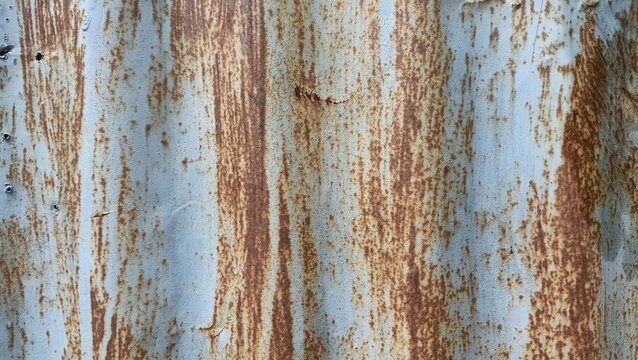 Rusty corrugated metal sheet background with weathered blue paint and orange iron oxide decay patterns