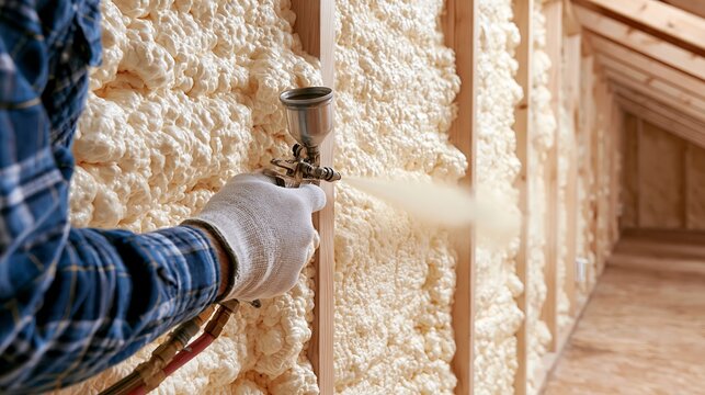 Professional worker using a spray gun to apply expanding foam insulation to wooden wall studs in a new residential building