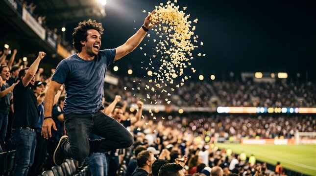 Excited man throwing popcorn while jumping in a cheering stadium crowd