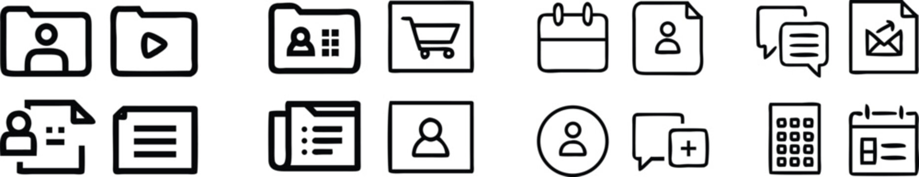 Collection of black and white line featuring folders, user profiles, shopping cart, calendar, and communication symbols on white