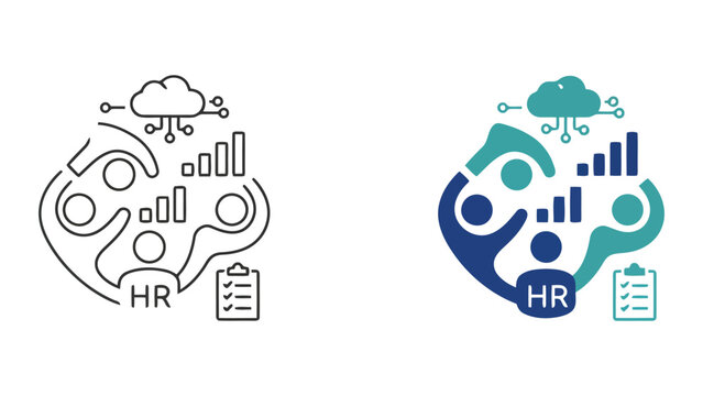 Human resources management team collaboration with cloud analytics and performance tracking checklist in professional vector icon style for business strategy and corporate training digital materials