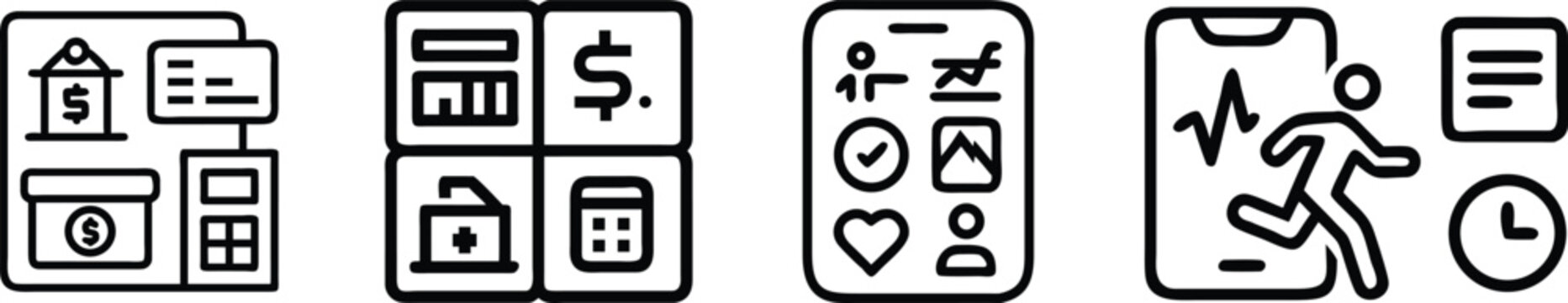 Financial and health tracking set featuring currency symbols, calculators, charts, heart and running figures on white