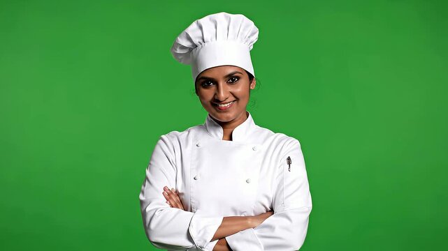 Smiling chef standing confidently in front of a green screen