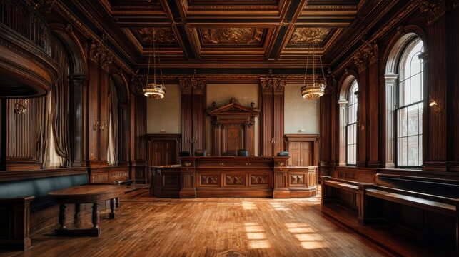 Historic courthouse interior before hearing: warm wood tones, brass accents, and ceremonial trial setup