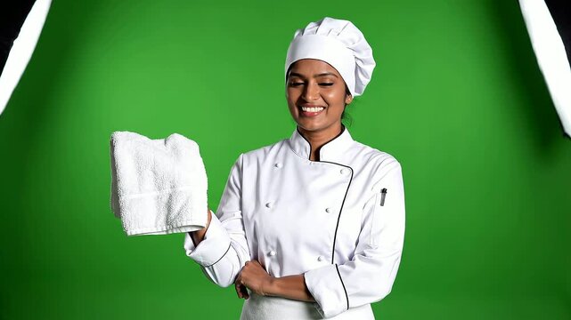 Smiling chef standing in front of a green screen holding a towel