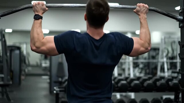 Men's gym doing pull-ups, men's pull-up training
