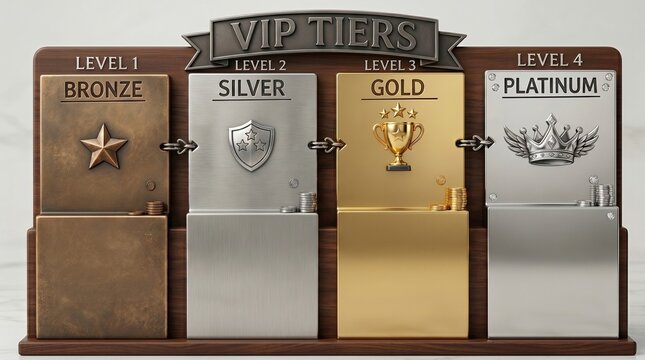 VIP Tiers loyalty program display, bronze silver gold and platinum membership levels, premium metal ranking system for business rewards