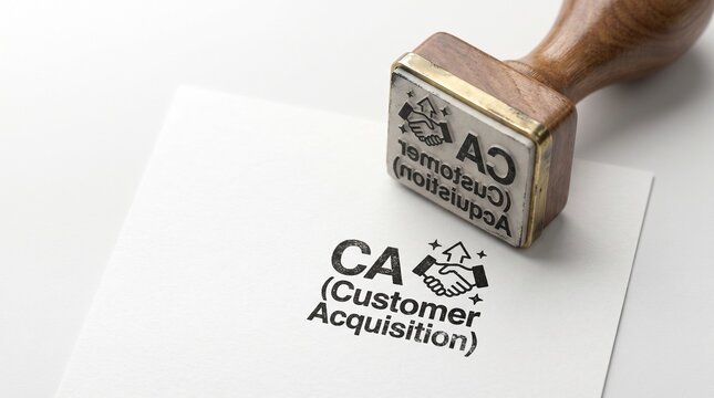 Customer Acquisition rubber stamp on white paper, CA marketing strategy concept, wooden handle stamper with black ink impression