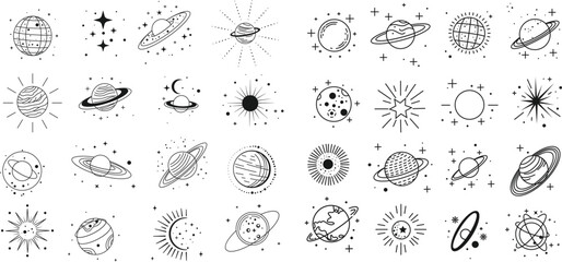 Hand-drawn space and planet doodle icons set isolated on a white background.  Collection of cosmic elements stars and galaxy symbols in line art style. © panlop