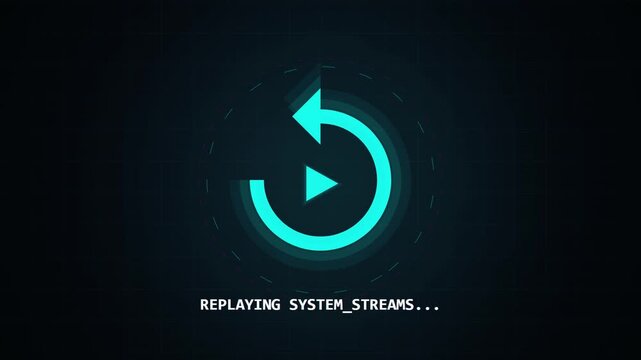 Digital system replay loading screen with glowing cyan play button and abstract circular network background