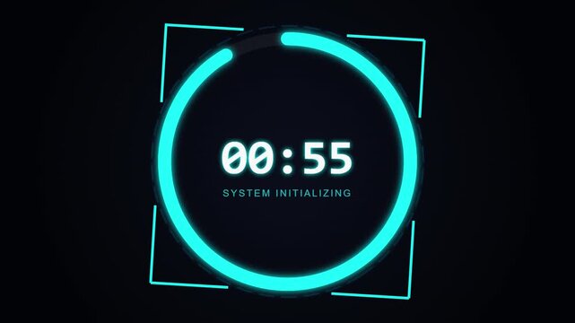 Futuristic digital countdown timer with glowing neon circular ring and system initializing text