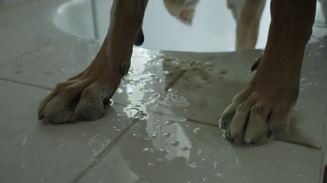 A woman washes large obedient dog in the bathtub