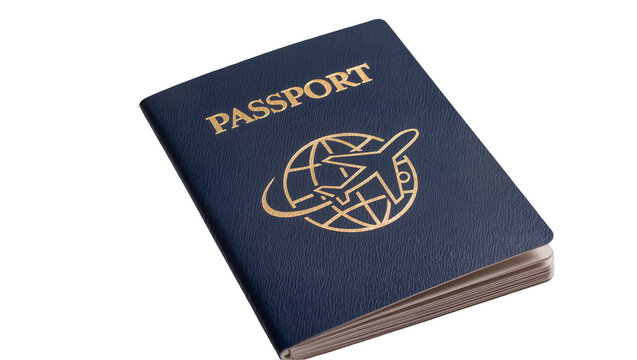 Dark blue passport with gold airplane and globe emblem