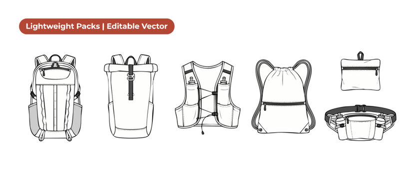 Backpack template vector line art sketch with technical drawing of hiking daypack, sport hydration vest, drawstring bag, running belt, waist pack, pouch for outdoor active sports gear fashion designs.