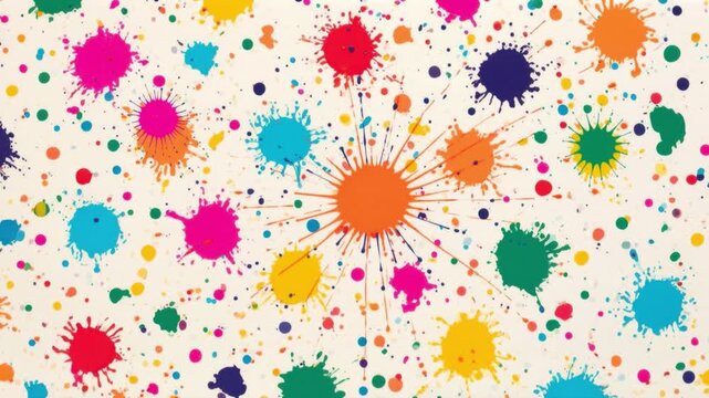 Colorful paint splatter pattern with random spots in bright vibrant red orange yellow green blue pink purple and teal on white background for artistic design