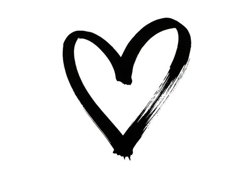 Hand drawn black ink brush stroke heart symbol isolated on a transparent background for artistic designs