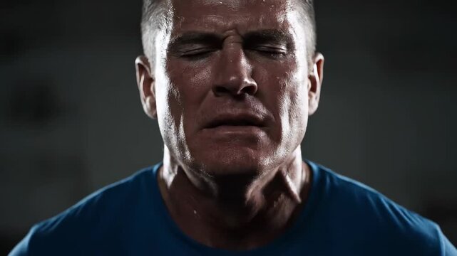 Close-up of man's facial expression, man grits his teeth and insists on close-up