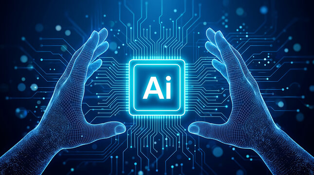 Futuristic ai microchip processor with digital wireframe hands