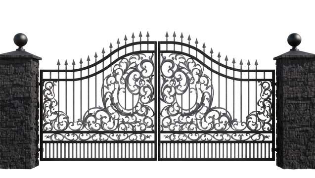 Ornate black metal double gates with decorative scrollwork and stone pillars