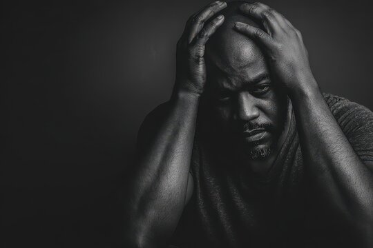 Intimate portrait: man in deep thought with worried expression, seated against a black studio backdrop