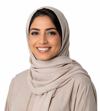 Smiling Muslim woman wearing a modern light beige hijab and matching traditional abaya. High resolution clean sRGB photo on white. Great for cultural diversity and fashion ads.