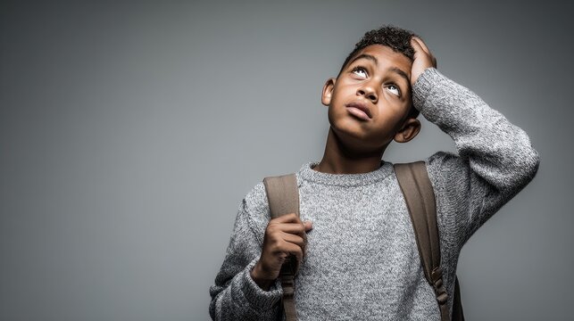Isolated portrait of a perplexed African American schoolboy scratching his head in confusion