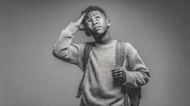 Isolated portrait of a perplexed African American schoolboy scratching his head in confusion
