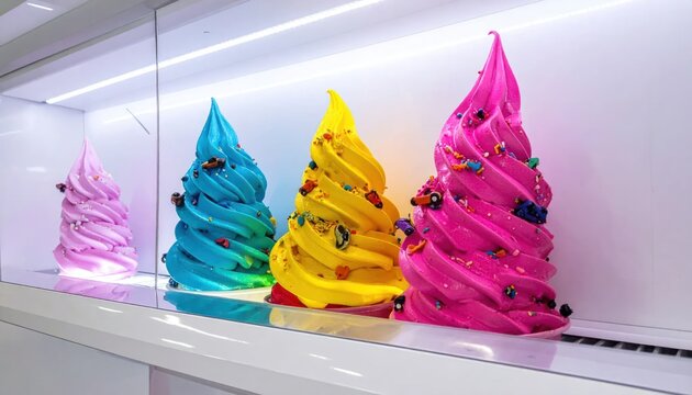 Row of vibrant frozen yogurt swirls in shop.