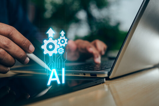 AI productivity automation, business optimization concept, Business Professional using digital interface on tablet and laptop, task management, efficiency artificial intelligence automation system