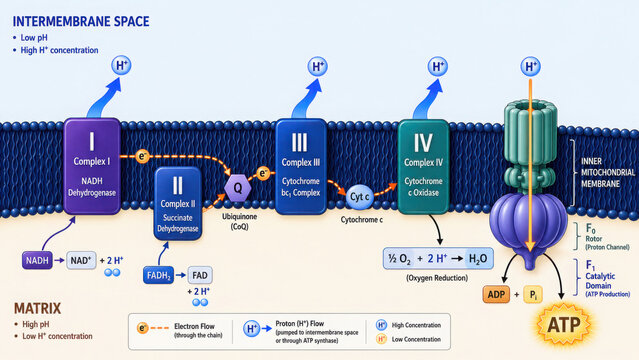 Biochemistry pathway diagram illustrates electron transport chain, showcasing flow of protons and production of ATP in cellular context