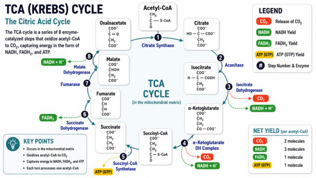 TCA cycle is crucial biochemistry pathway diagram illustrating citric acid cycle enzymatic steps, showcasing energy production