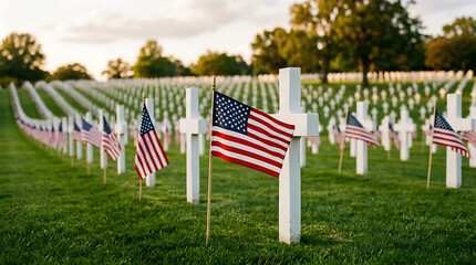 Fototapeta premium American flags placed at white crosses in a military cemetery at sunset