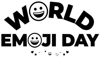 Obraz premium World emoji day text logo with smiling face icons, creative typography design for social media celebration, black and white graphic element