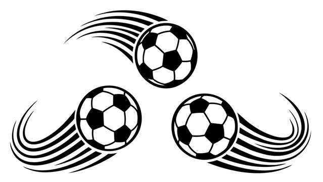Set of three soccer balls with motion speed lines, dynamic football icons, sports design elements for tournament branding