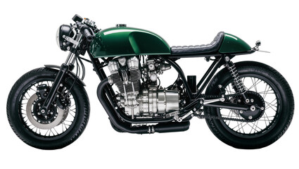 Green cafe racer motorcycle with chrome engine and black seat © Lukas