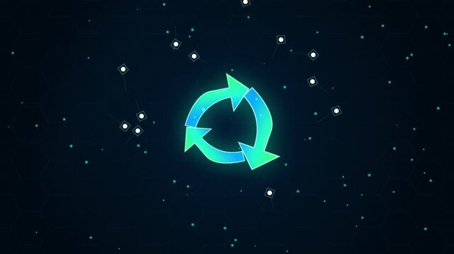Glowing blue circular arrows animation in space with floating particles