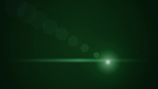 Cinematic green lens flare with glowing orb and soft bokeh circles on dark background
