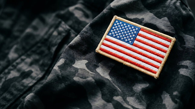 American flag patch on a black camouflage military uniform sleeve