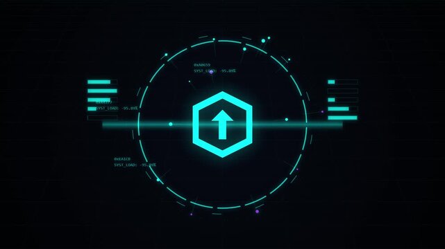 Digital interface futuristic uploading data animation with glowing teal hexagon symbol