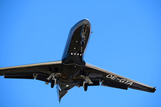 Private jet Haute Aviation type Embraer Phenom 300E registration OE-GTA landing on runway 28 at Swiss Z&uuml;rich Airport on a sunny spring day. Photo taken June 14th, 2026, Zurich Kloten, Switzerland.