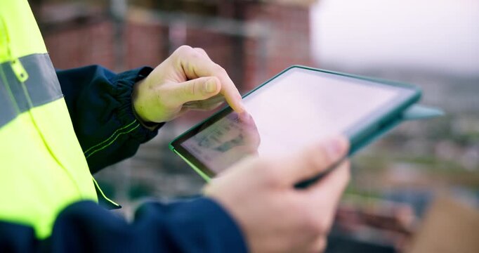 Worker, hands and scroll on construction site with tablet screen, quantity surveyor and finance report. Cost manager, person and infrastructure outdoor with tech, building project and check expenses.