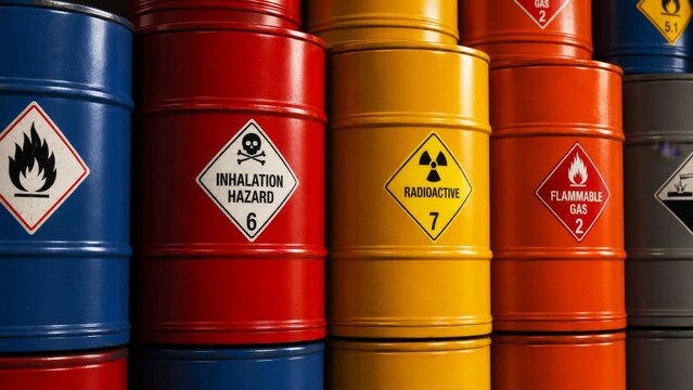 A collection of colorful barrels with hazard labels indicating flammable, inhalation, and radioactive risks.
