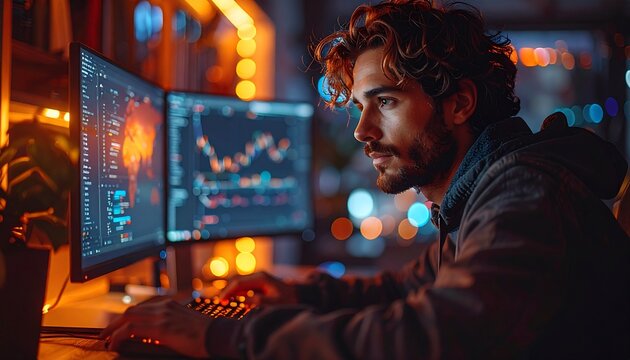 Focused Trader Analyzing Financial Data on Multiple Computer Screens