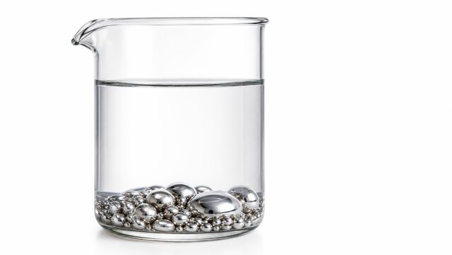A clear glass beaker filled with water and metallic droplets at the bottom, showcasing a unique interplay of liquids and solids.