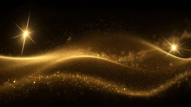 Elegant golden glitter flowing wave with sparkling light effects on dark background for festive celebration and luxury decoration concept design